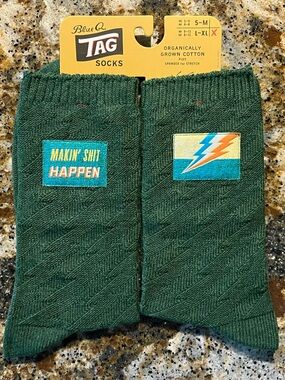 NWT Blue Q Tag Novelty Socks Breathable Hiking Cotton Blend Green Unisex L / XL